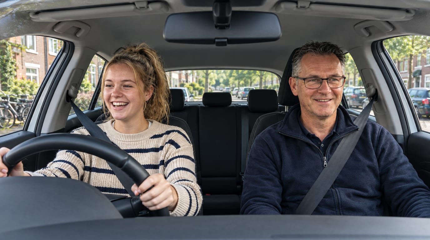 Leerling en instructeur in een moderne lesauto tijdens een rijles in Utrecht